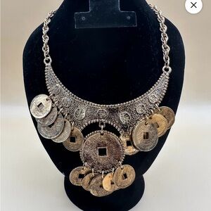 Vintage-Inspired Coin Bib Necklace - Silver Tone